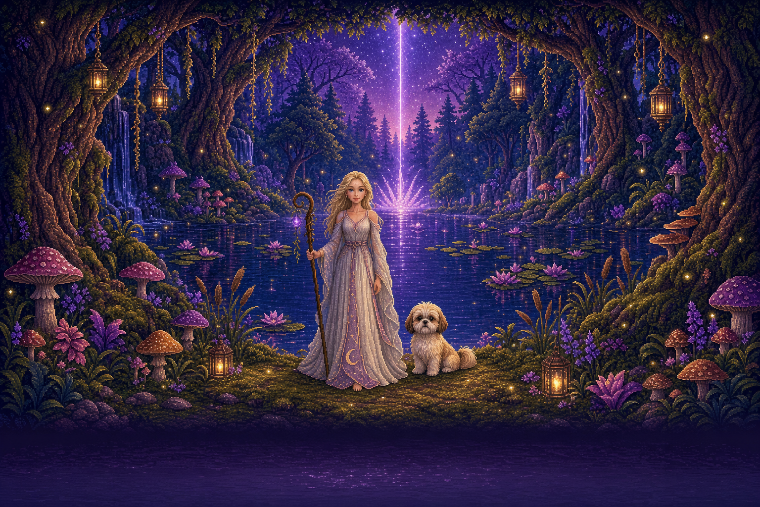 Aurora Borellix stands at a moonlit violet pond with Suki at her side, surrounded by ancient trees, moss, fireflies, and fairytale mushrooms.